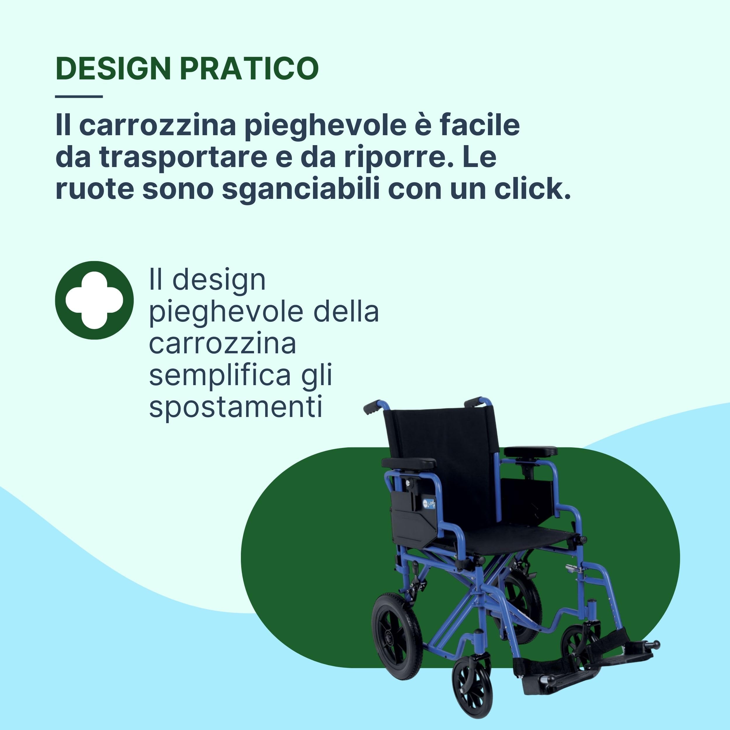 Sedia a Rotelle Pieghevole Leggera da Transito, 43 cm, Blu | Carrozzina per Disabili Predisposta per Autospinta, Crociera Doppia, Ruote a Sgancio Rapido, Braccioli Regolabili in Altezza