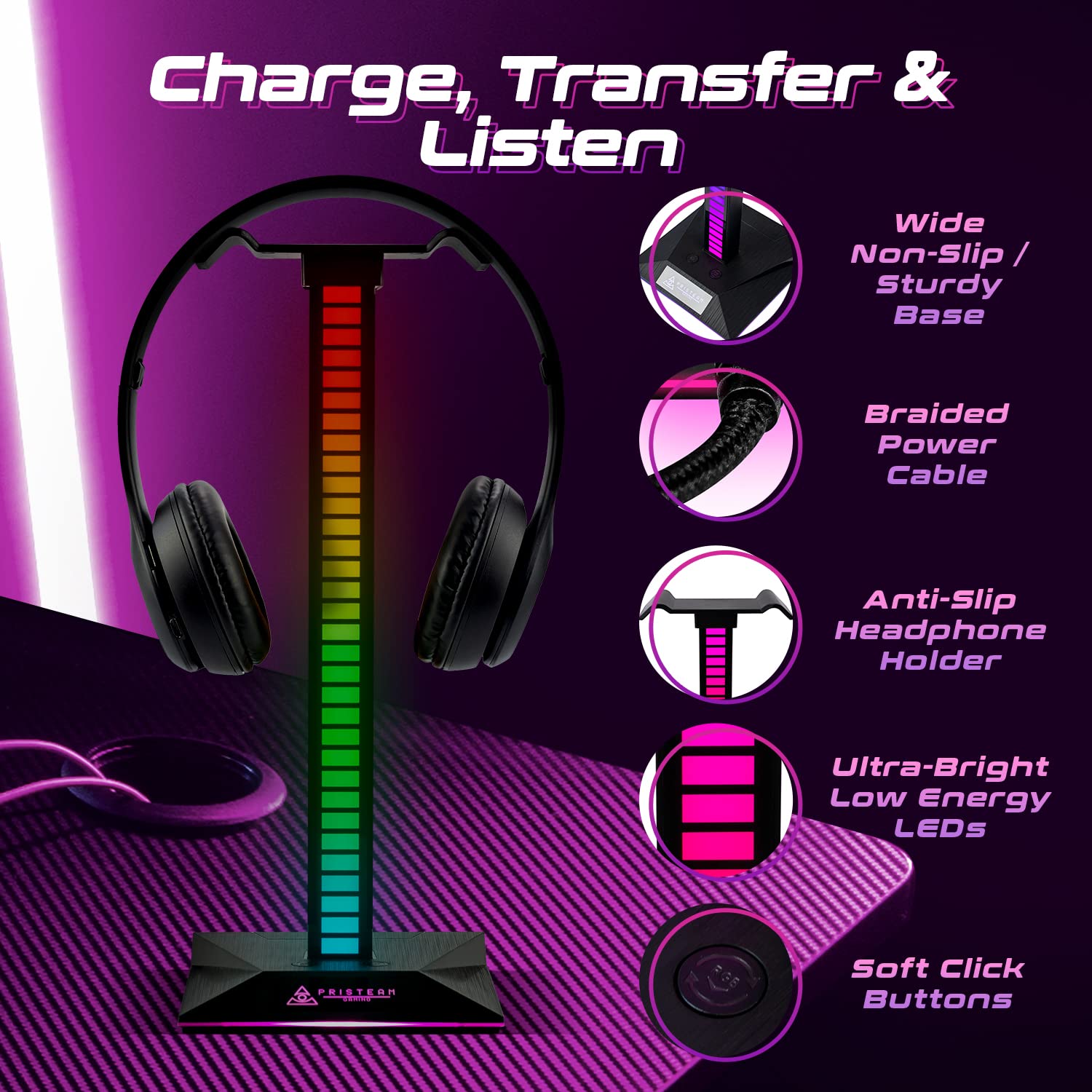 ALACOO Supporto Cuffie RGB, Porta Cuffie Gaming, Supporto Cuffie Scrivania con 2 Porte di Ricarica USB 2.0, Ingresso e Uscita di Tipo C, Accessori per