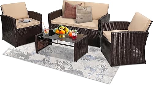 Miniatura 40 de Juego de conversación de patio de 4 piezas, sofá modular de ratán exterior, juego de muebles acolchados, sofá de mimbre ideal para jardín, porche