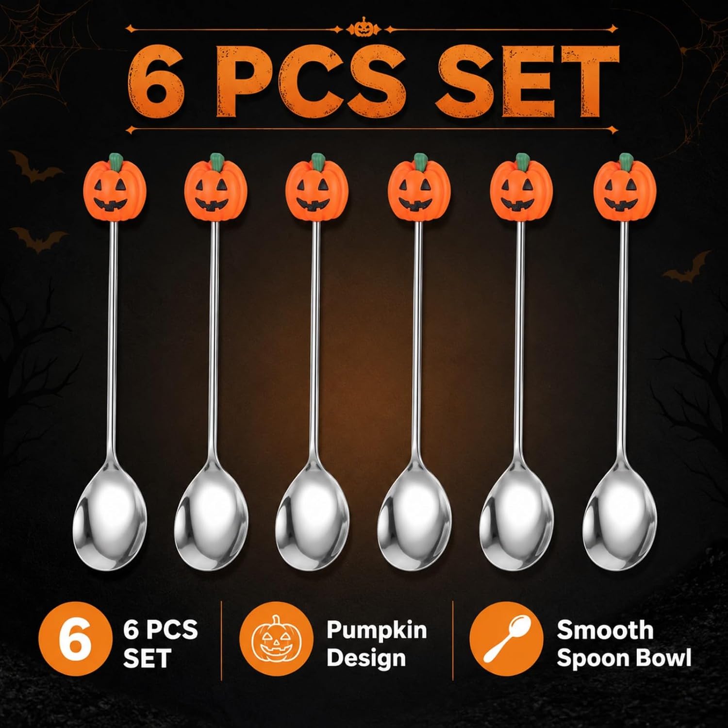 6pcs halloween pumpkins spoons stainless steel, pumpkin kitchenware