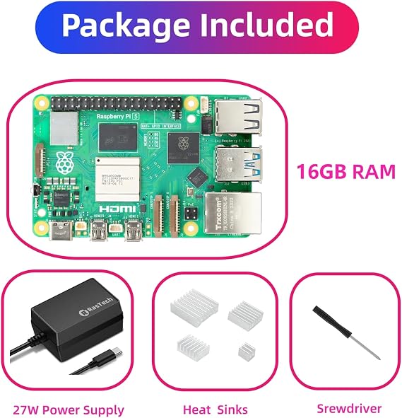 RasTech Raspberry Pi 5 Kit 16GB RAM with 27W PD Power Supply 5.1V5A,Heat Sinks and Raspberry Pi 5 16GB Board Included