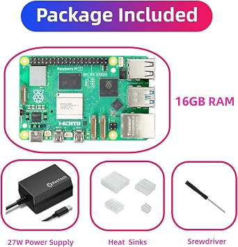 RasTech Raspberry Pi 5 Kit 16GB RAM with 27W PD Power Supply 5.1V5A,Heat Sinks and Raspberry Pi 5 16GB Board Included