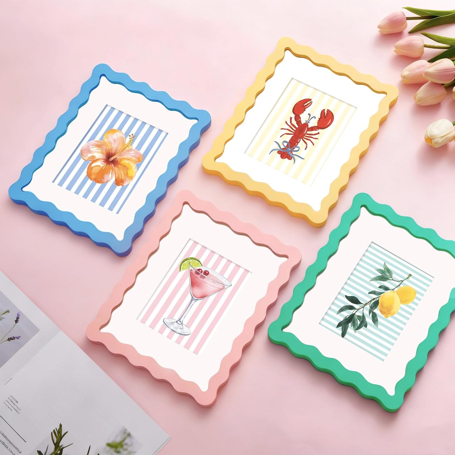 Novabright 4 Set 8x10 Colorful Scalloped Picture Frame Maximalist Decorative Picture Frame with Glass Front Wavy Trim Art Table Wall Hanging Whimsical Home Decor Gift (Pastel)