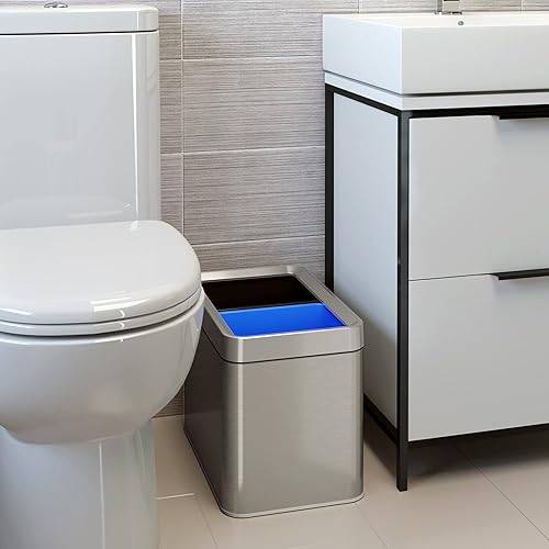 Miniatura 3 de iTouchless Bote con cubo de basura y cubo de reciclaje extraíbles, delgado, acero inoxidable, doble compartimiento y parte superior abierta, 5.3