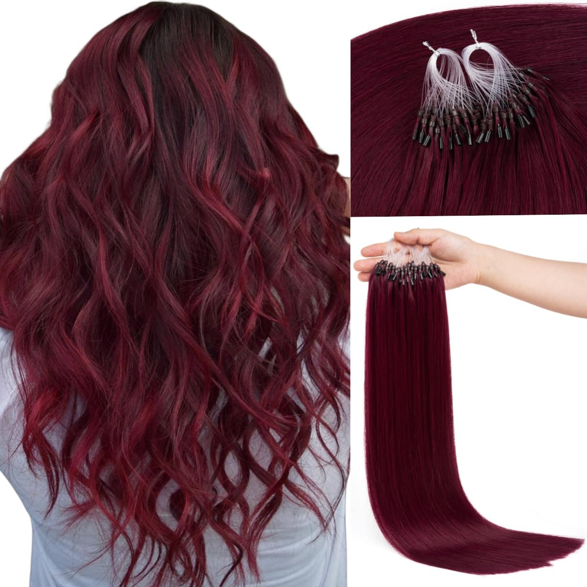 Kun Na Human Hair Extensions Wine Red Micro Beads Real Human Hair Burgundy Micro Loop Hair Extensions 20 Inch 50g #99J