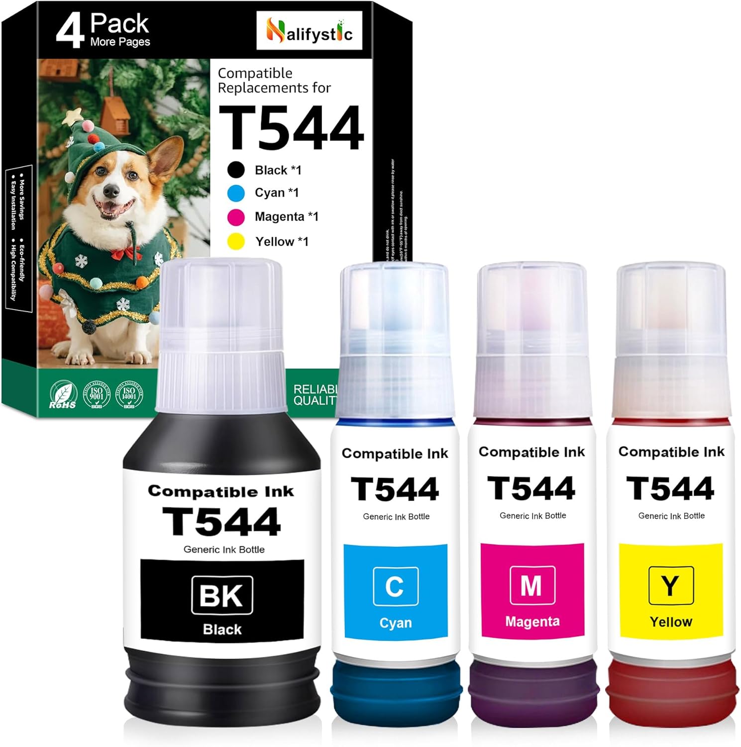 Compatible T544 544 Ink Refill Bottles Compatible Replacement for L1210 L1250 L3110 L3150 L3160 L3210 L3250 L3251 L3260 L5290 L5590 Printers, 1BK3C-4PK