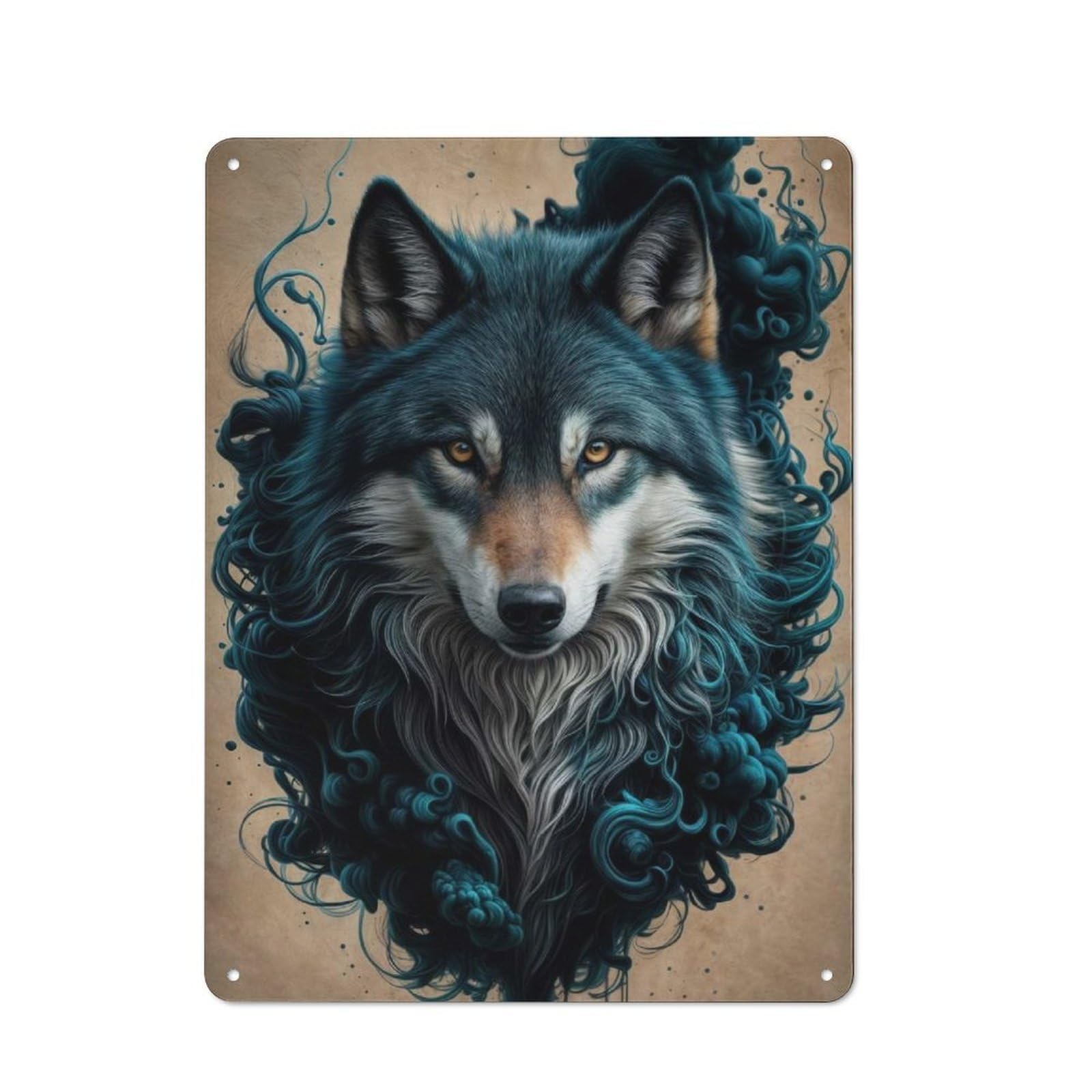 Junmoney Wolf In Blue Smoke Tin Wall Plaque 40X30cm With For Workshop Wall, Suited To Workshop Decor Fans, For Retro Home Interiors