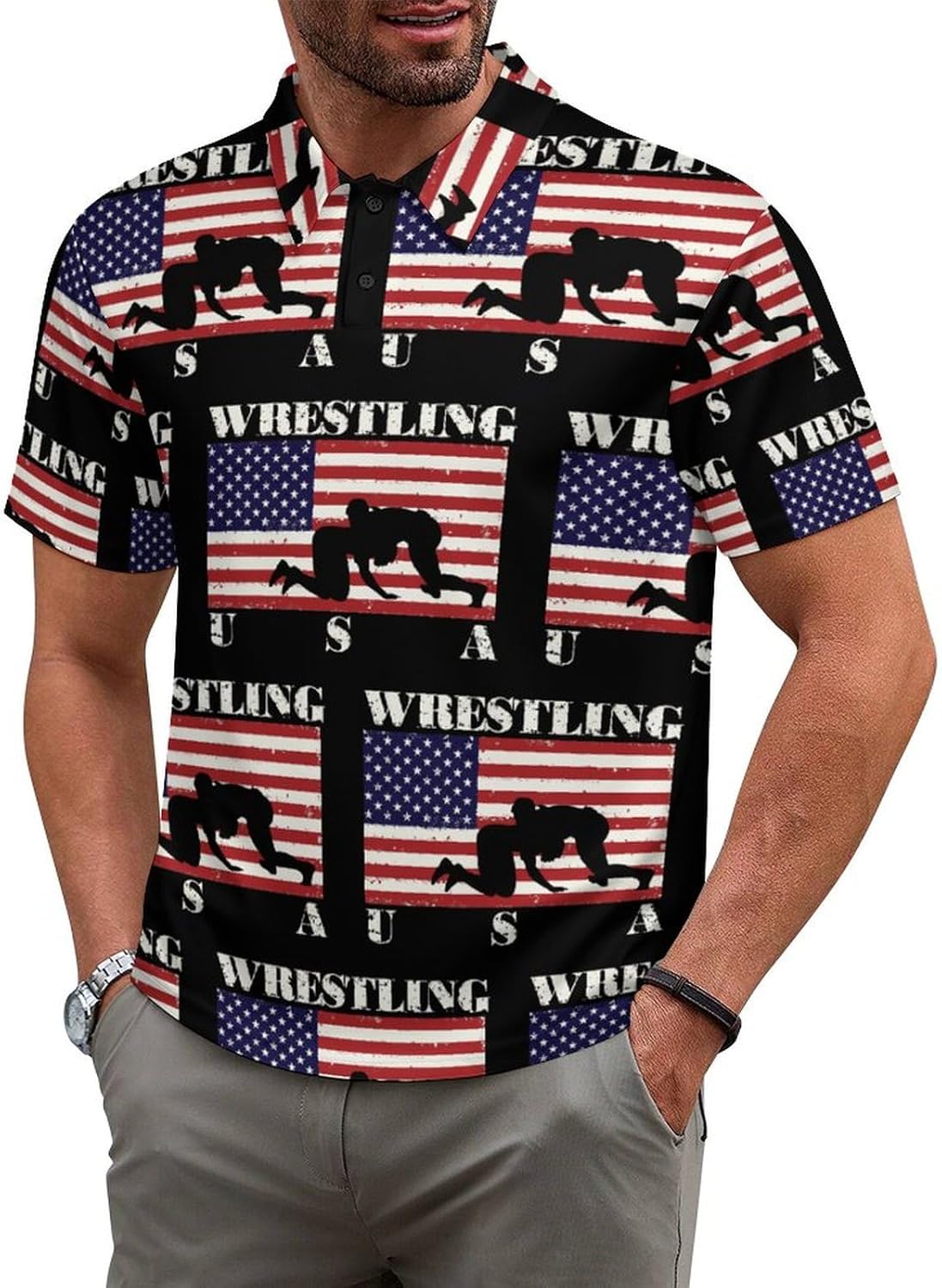 Wrestling U.S.A. Flag Mens Polo Shirt Short Sleeve Top Tee Casual T-Shirt