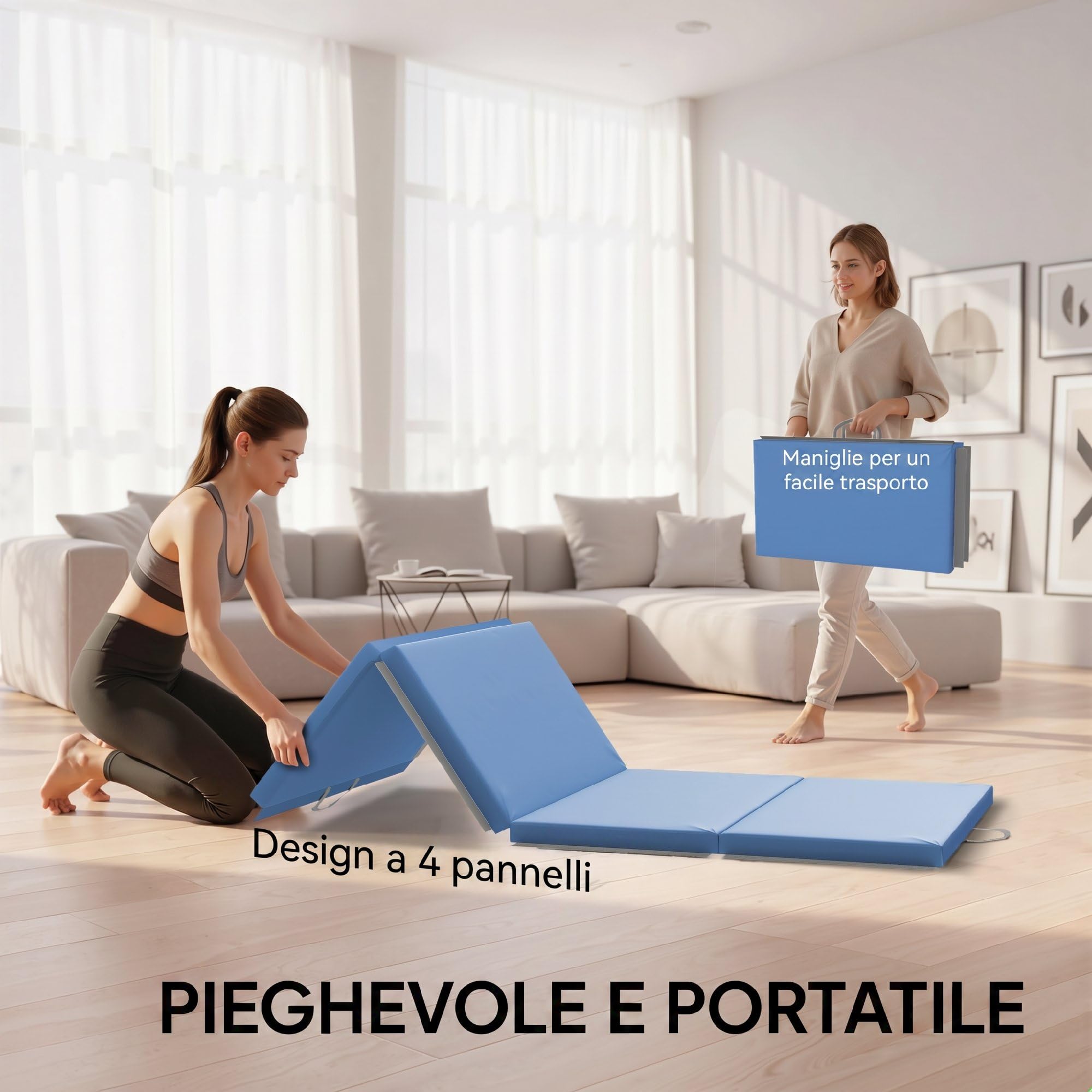 HOMCOM Tappetino da Ginnastica Pieghevole, Materassino Fitness Spesso 5 cm e Antiscivolo, Tappeto da Palestra Salvaspazio con Maniglia per Yoga e Pilates, 180x80 cm, Azzurro