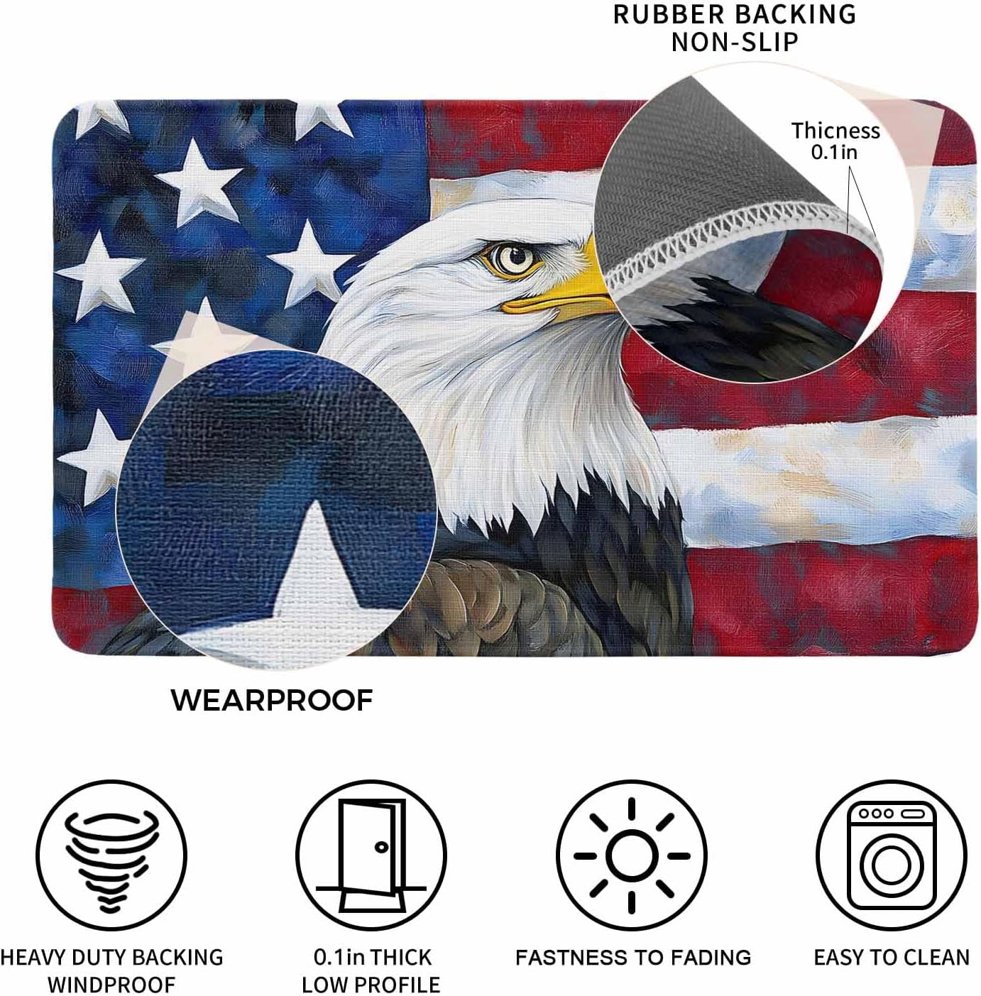 4th of July Door Mat Eagle Doormat Rustic Retro American Flag Independence Day Welcome Mat Non Slip Rubber Entryway Front Rug Floor Mats for Indoor Outdoor Kitchen Memorial Day Holiday Decor 18x30