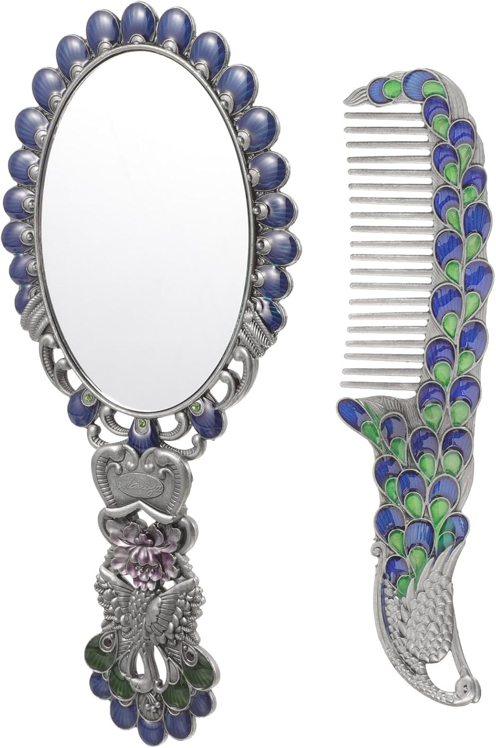 GLEAVI Vintage Folding Handheld Mirror 2pcs Set with Peacock Handle, Small Metal Cosmetic Mirror for Travel and Vanity Table Use