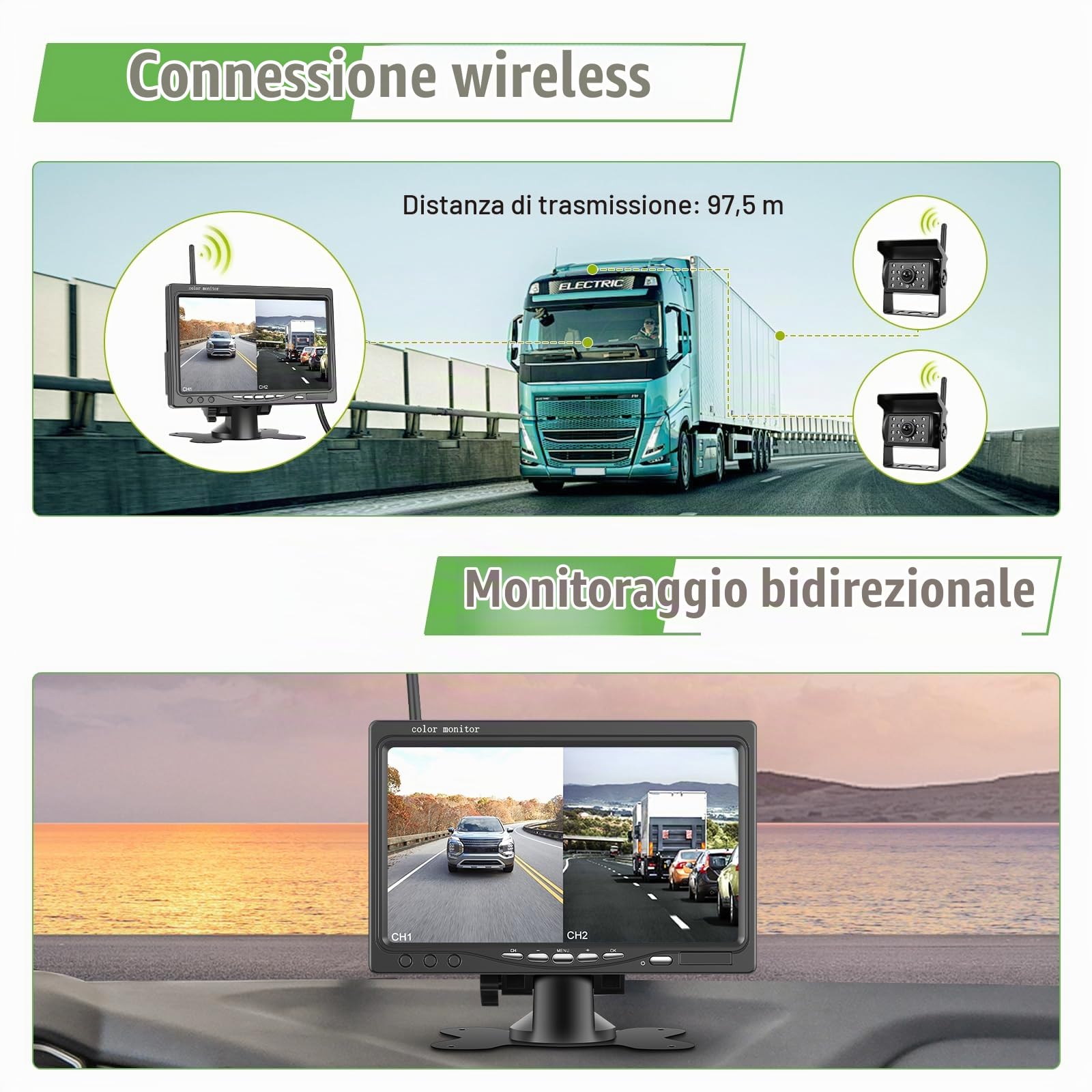 Set di telecamere di retromarcia wireless 1080P HD, monitor LCD da 7" con 2 telecamere per rimorchi, camper, camion, auto, autobus, linee guida DIY, impermeabile IP68, visione notturna, BSD, 12V-36V