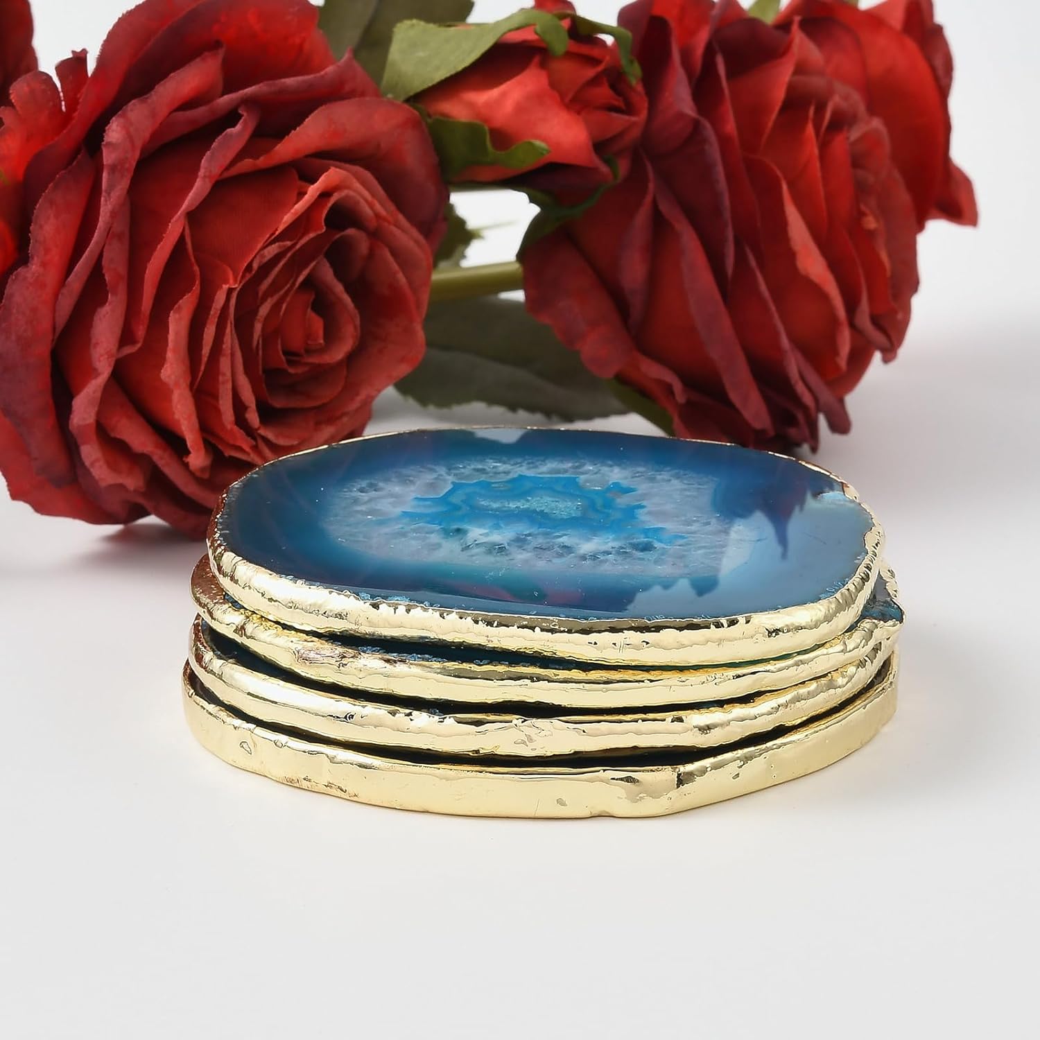 JSCARLIFE 4 Pcs Natural Blue Agate Coasters - 3.1"- 4" Diameter, Anti - Slip, Gold - Edged, Gemstone Natural Stone Slices, Cup Mat for for Cups & Glasses, Home/Office/Cafe Gift