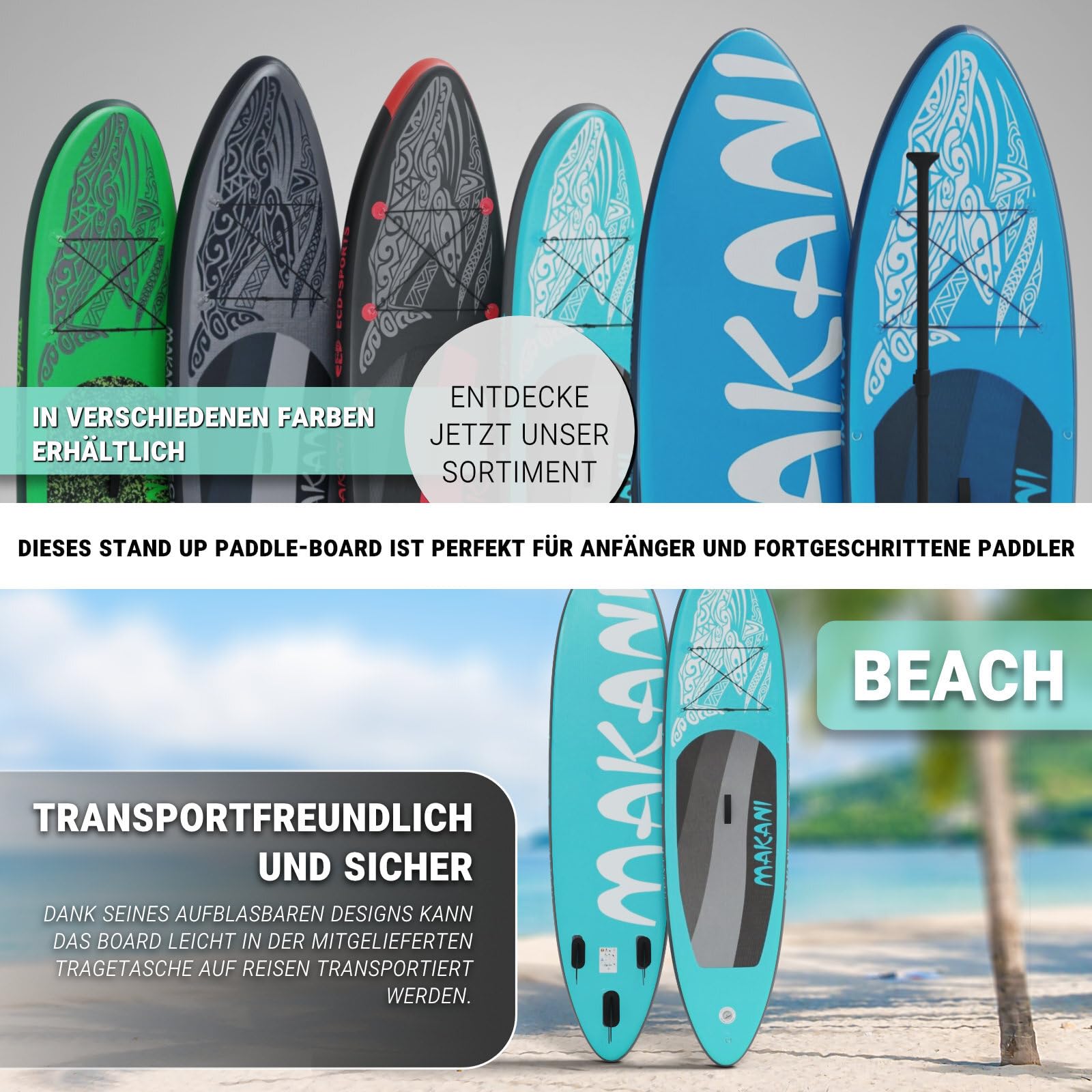 Stand Up Paddle Board | Allround SUP 320 cm | xxx | Komplettset | Drop-Stitch-Kern | bis 120 kg | 3 Finnen | Tragetasche | für Anfänger und Fortgeschrittene | aufblasbar