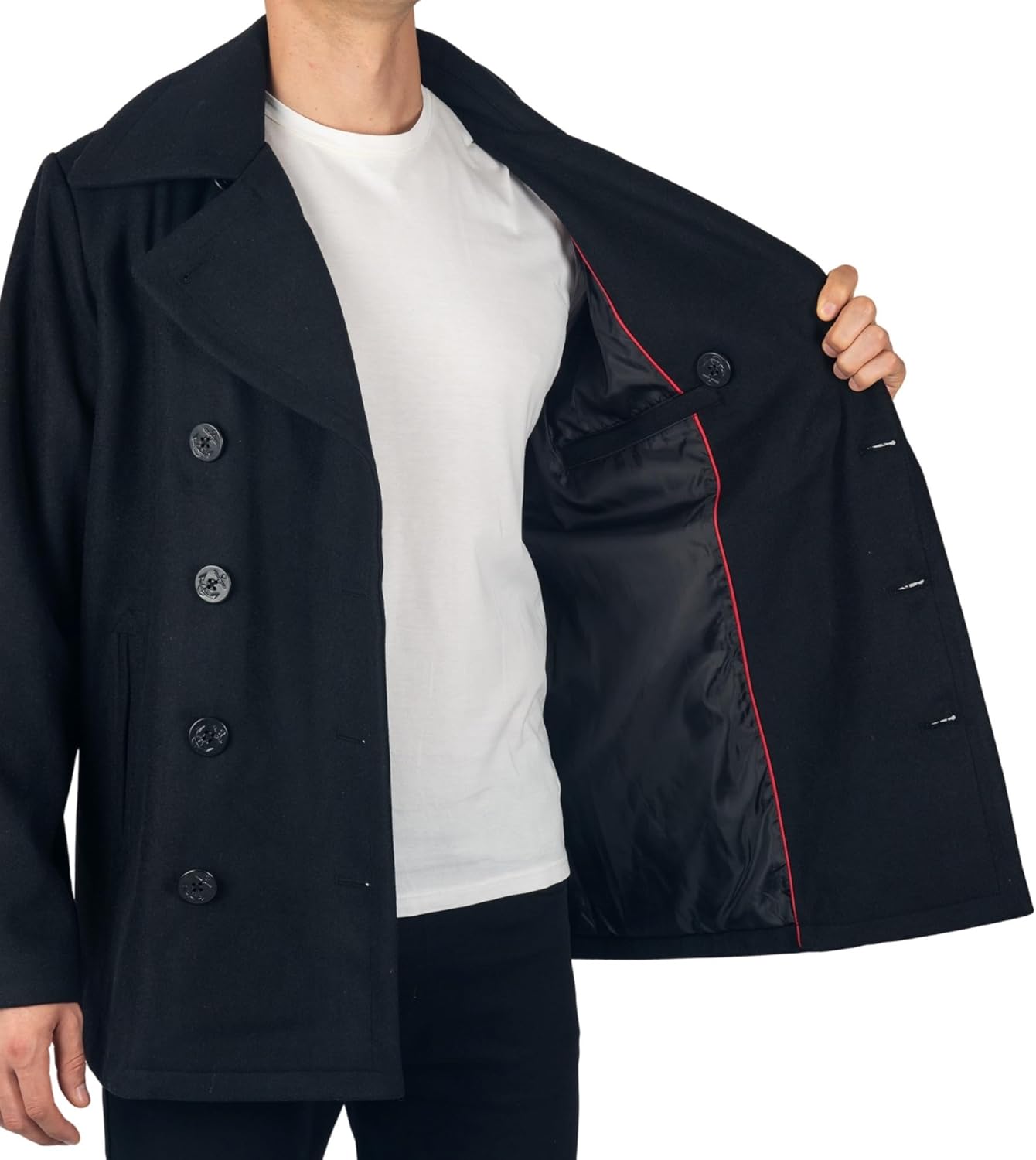 Men's Black Classic Peacoat Interior View