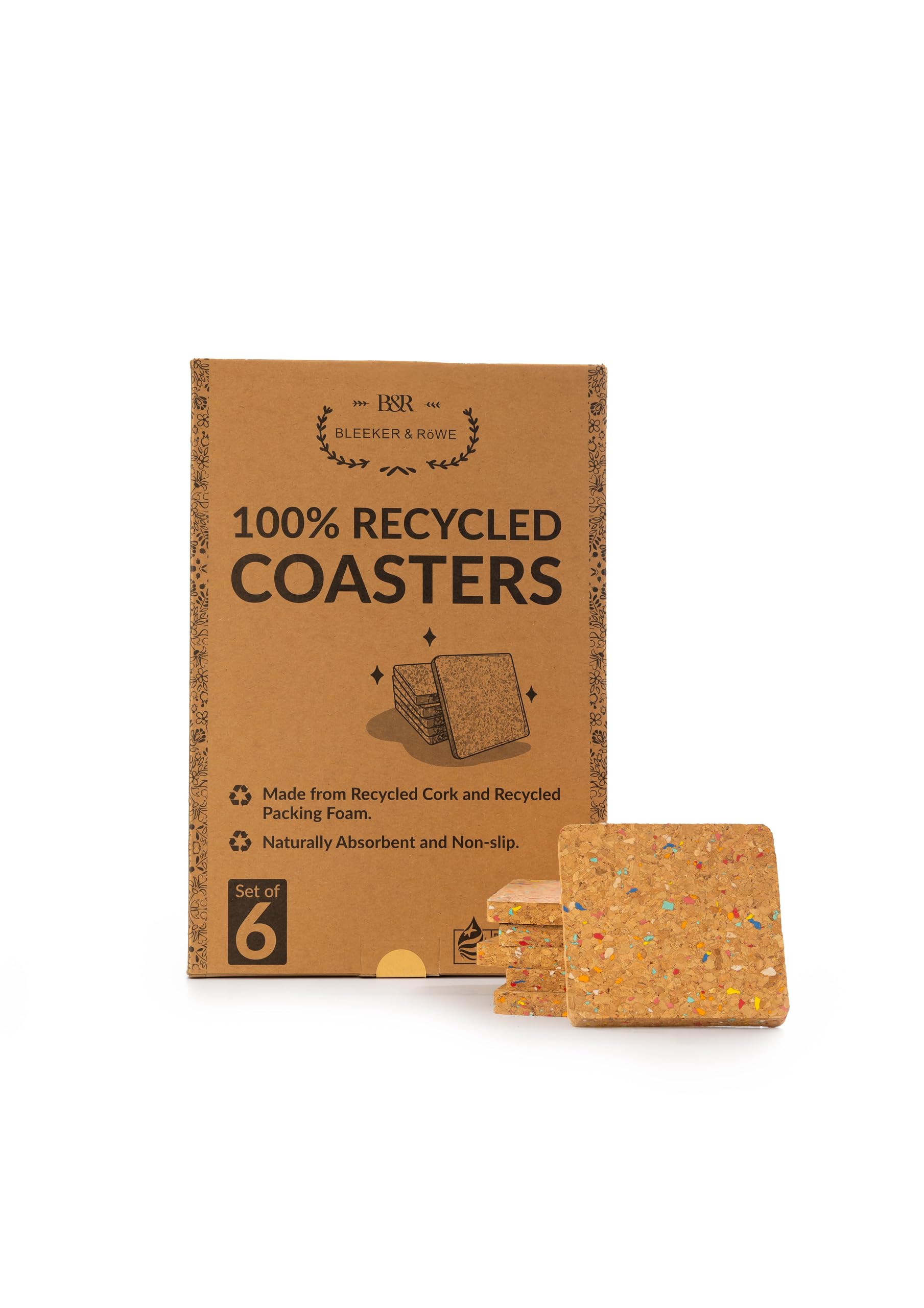 Bleeker & Rowe Recycled Cork Coasters, Set of 6, 4x4 inches, Non-Slip, Absorbent