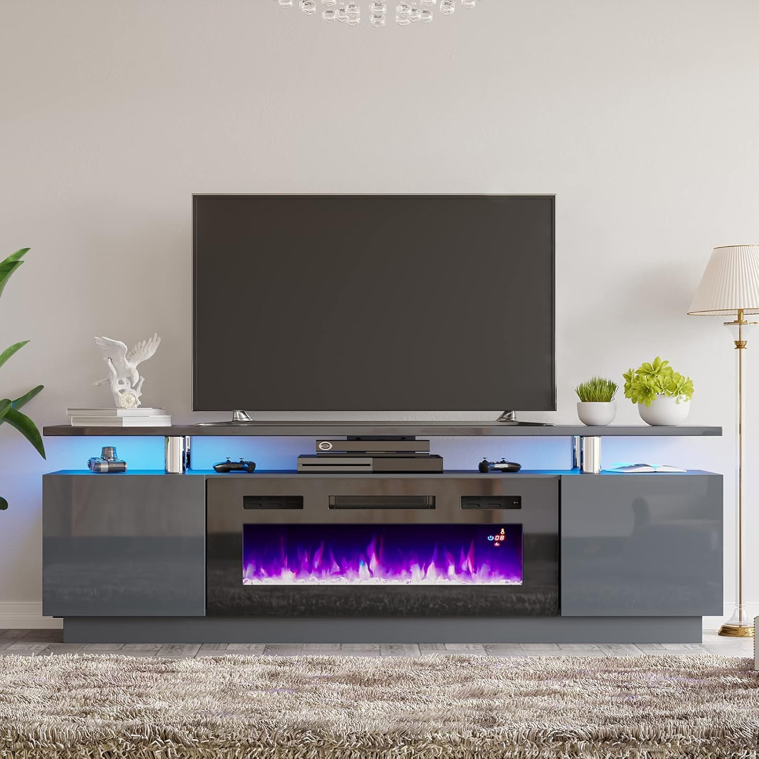 AMERLIFE 3 Piece High Gloss Living Room Table Set, Includes 70" 2-Tier TV Stand with 36" Fireplace, 40" Wide Electroplated Coffee Table, Modern Entertainment Center Console for TVs up to 80", Gray