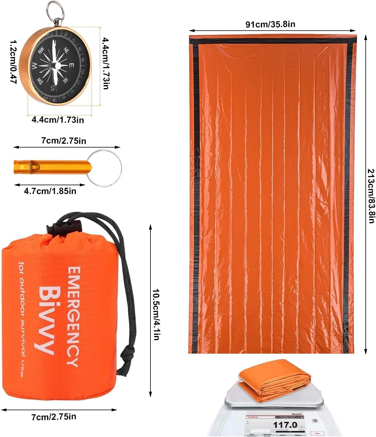 Sacco da bivacco di emergenza, coperta di emergenza, sacco a pelo di sopravvivenza, coperta da salvataggio, ultraleggera, impermeabile, resistente al freddo e al calore, con pipa e bussola per