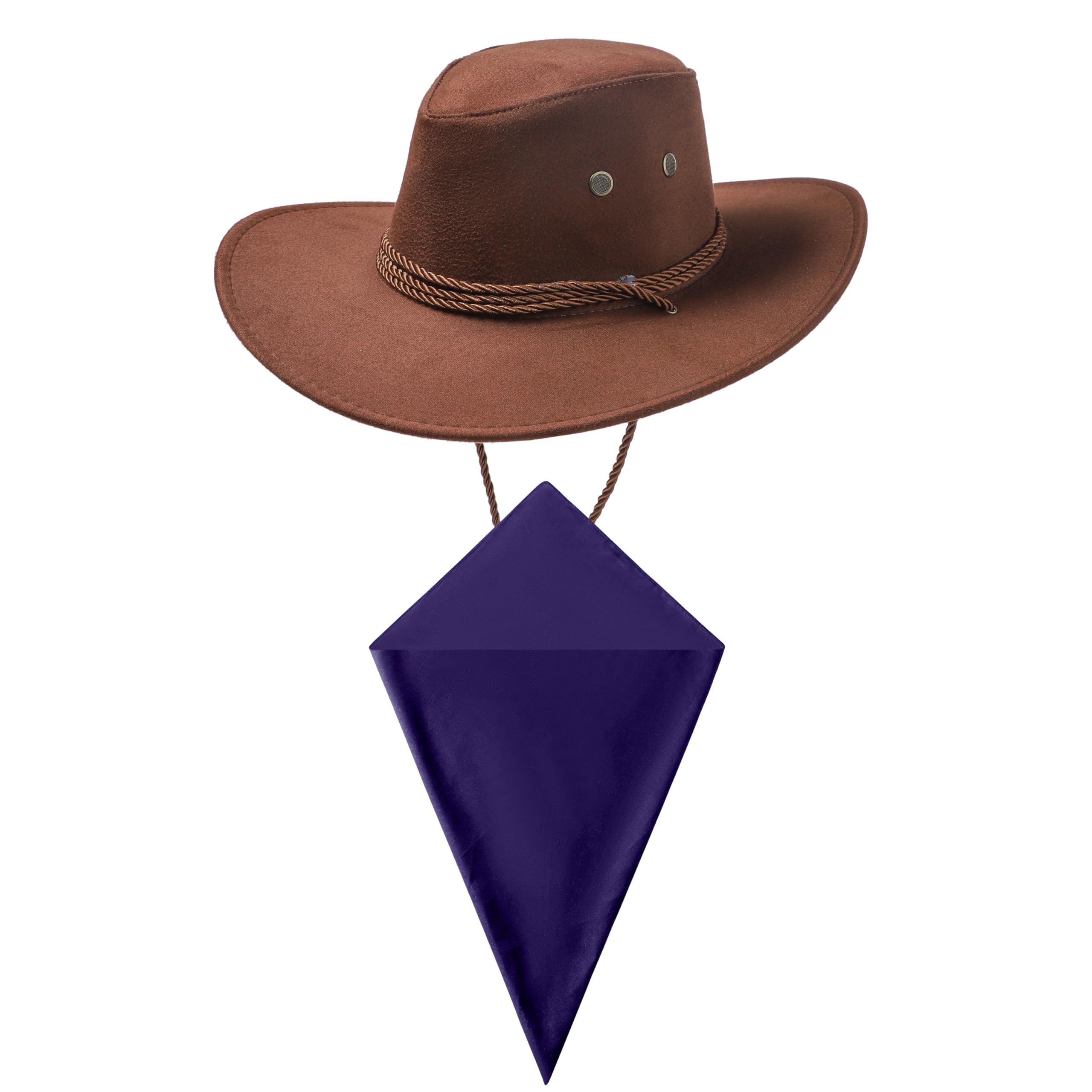 Dark Brown Cowboy Hat and Plain Navy Blue Bandana Western Sun Cap Faux Felt Leather Suede Fancy Dress Party Costume Outfit Neckscarf Sun Protection Mens Womens