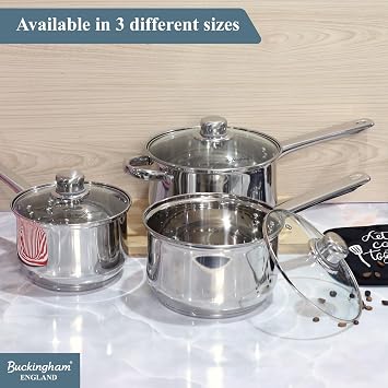 Buckingham Stainless Steel Saucepan Set of 3 Induction Compatible Cookware Pan Pot Set Premium Quality