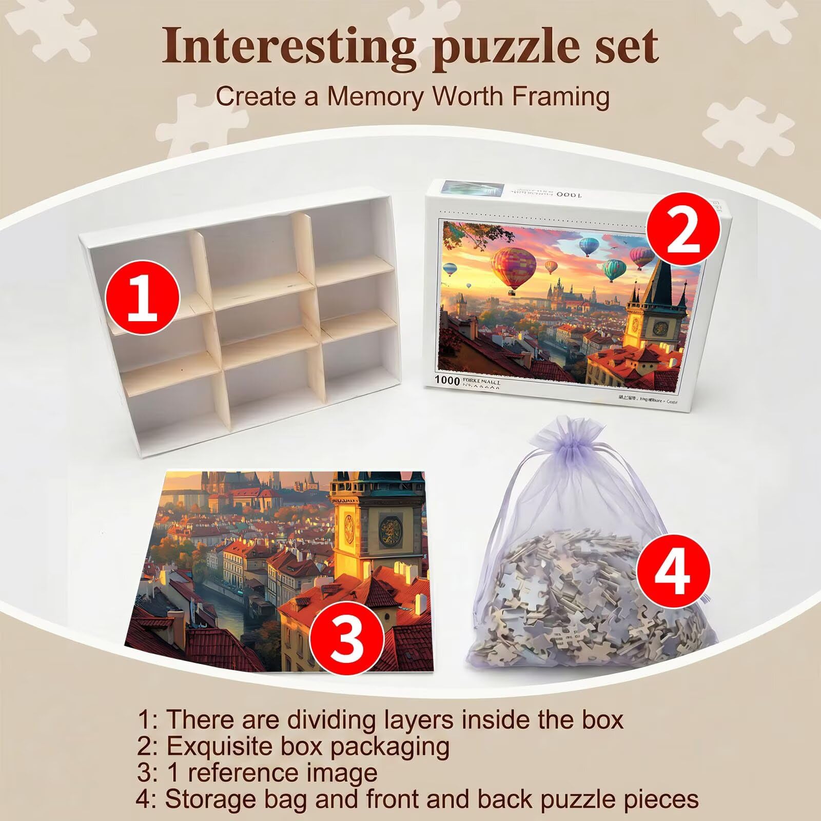 mongolfiera Città Puzzle 1000 Pezzi per Adulti, Puzzle in Legno - Collezione Classica con Poster Incluso - Sfida di Concentrazione e Passatempo Antistress, Gioco per Famiglia, 75 x 50 cm f0-841