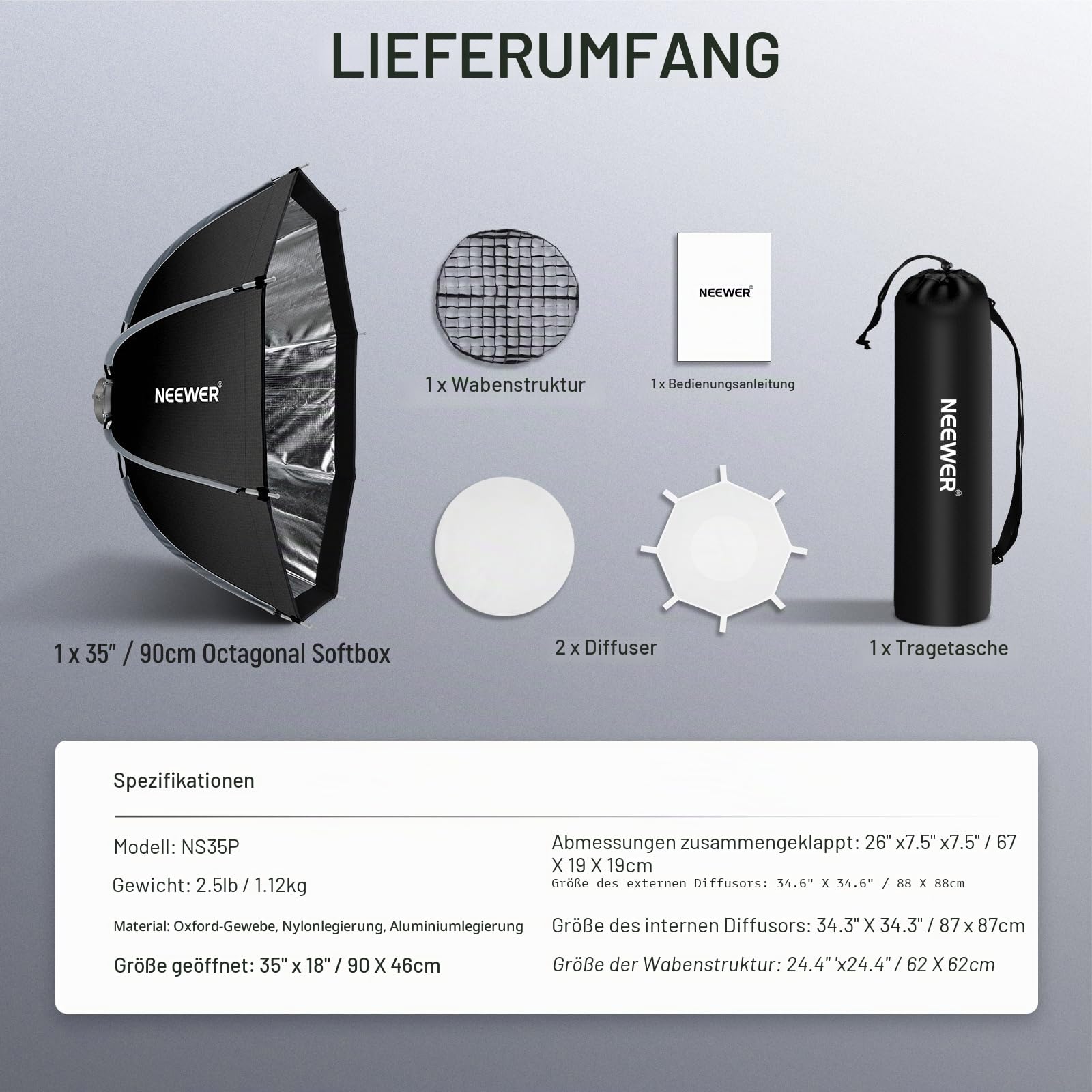 NEEWER 90cm Octagon Softbox, Softbox aus Nylon mit Bowens Schnellwechselhalterung mit Honeycomb Gitter, Tasche für RGB CB60 CB60B CB200B MS60B MS60C MS150B S101-300W/400W Pro Vision 4 Q4, NS35P