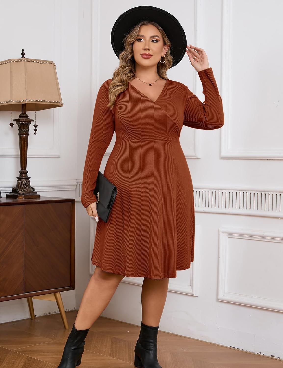 ZOMVA Plus Size Sweater Dress V Neck A-line Knee Length Dress Fall Winter Casual Ribbed Knit Long Sleeves - Image 3