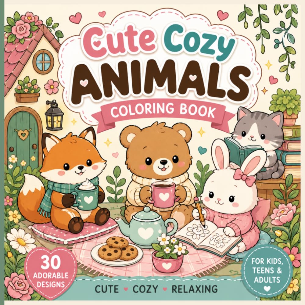 Cute Cozy Animals Coloring Book kids & adults: Fun & Easy Coloring Book with Cute Animals and Cozy Vibes