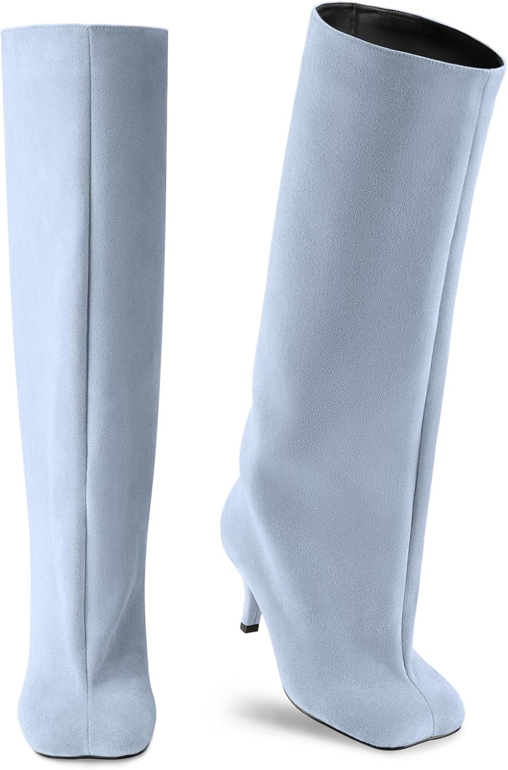 Oh Mispares Women's Nude Suede Knee High Boots - Square Toe Wide Calf Stiletto Low Heels - Fashionable Kitten Heel Pull-On Tall Winter Boots for Ladies