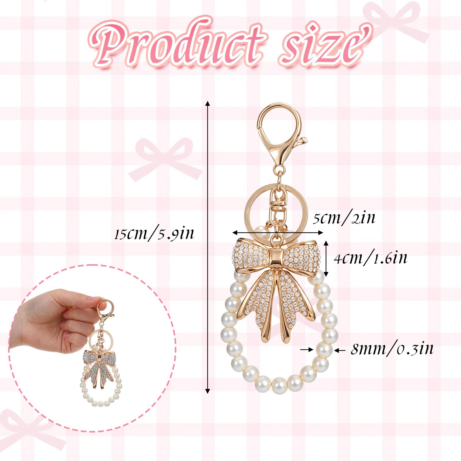 Lnngub 2 Pcs White Rhinestone Bowknot Keychain Imitation Pearl Chains Sparkly Bo