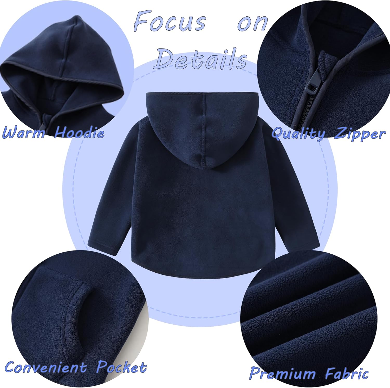 Toddler Girl Fleece Jacket with Hood Warm Zip Up Coat for Fall Winter & Spring Lightweight Soft Outerwear Boy for 1-6 Years (2T, Navy Blue) - Image 3