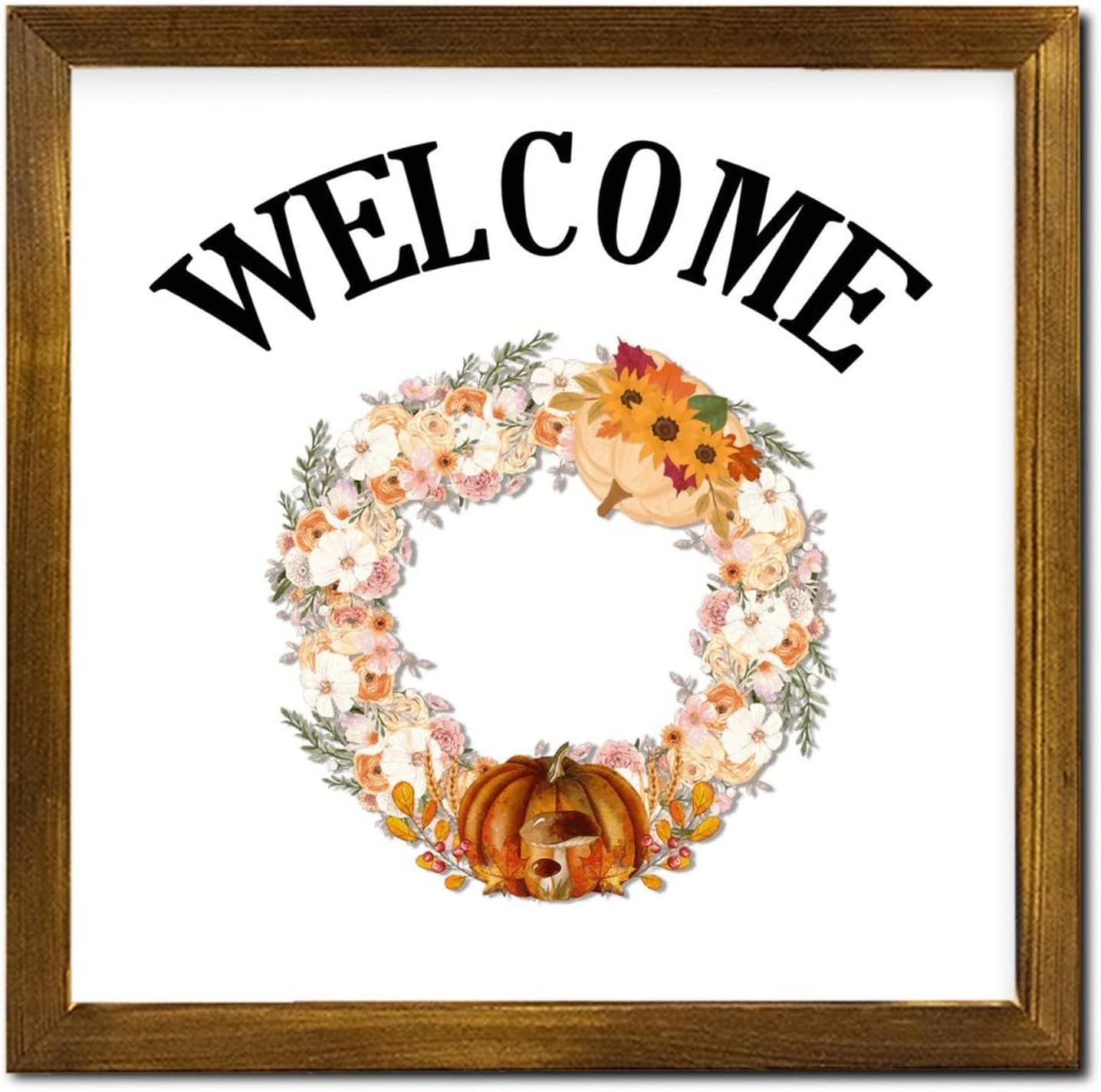 Thanksgiving Autumn Welcome Framed Wood Signs Pumpkin Maple Leaves Flower Wreath Hanging Wall Art Sign Classic Farm Harvest Wall Art Decorative for Home Laundry Room Kitchen Bedroom 12x12 inch