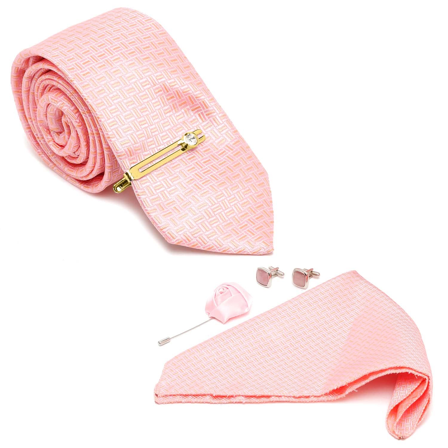 mutaqinoti Mens Peach Silk Necktie Set Incl Pocket Square Cufflinks Golden Tiepin Brooch American Style Formal Tie Gift Set for Men (TEPE01GP)-picture-12