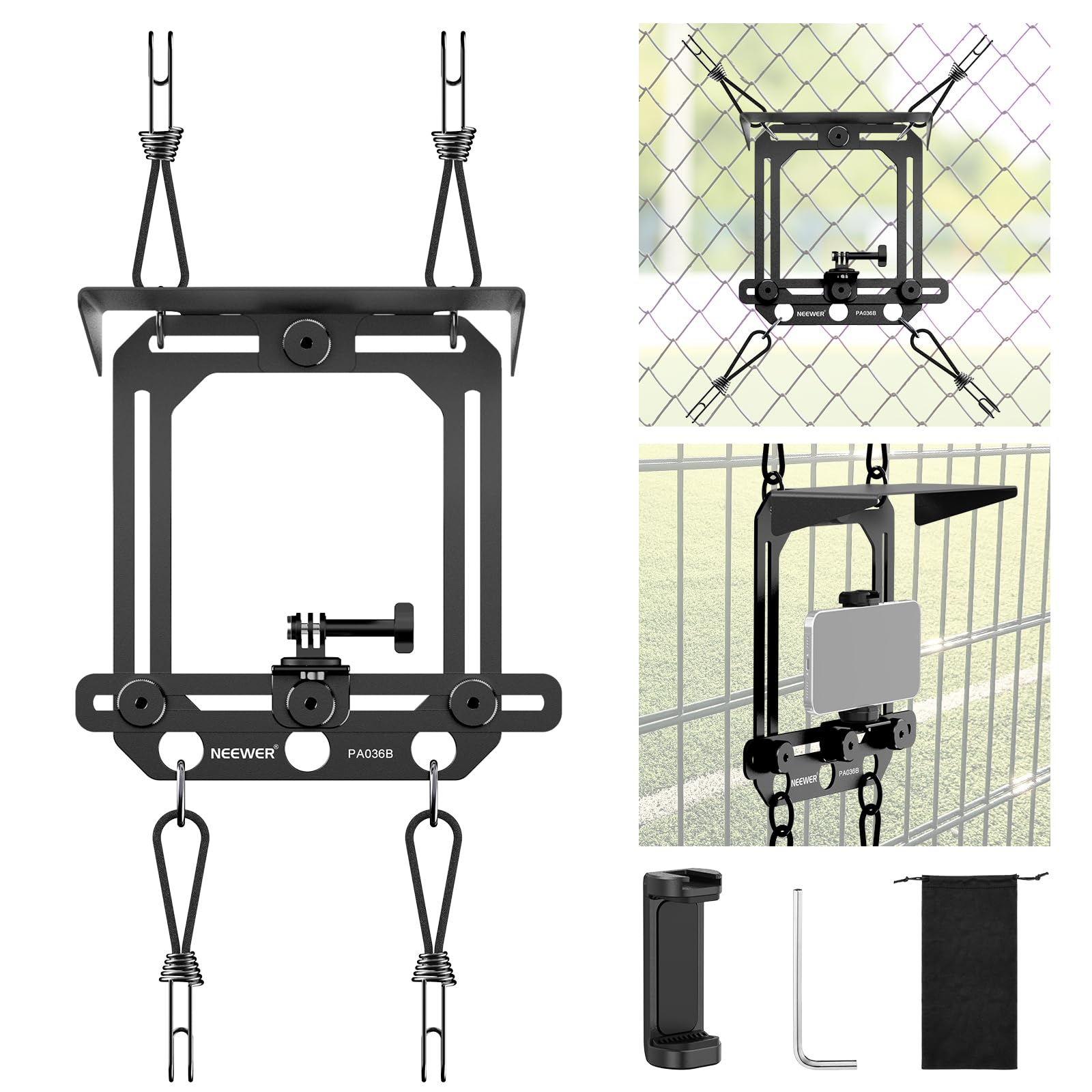 NEEWER Fence Mount with Sunshade Compatible with iPhone Mevo Camera GoPro Insta360 DJI Pocket Radar Game Changer App, Metal Mounting Kit & Phone Holder for Baseball Streaming Video Recording, PA036B