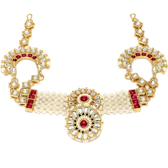 ZENEME Traditional Gold-Plated Multi-Colour Artificial Stones and Beads studded-beaded Borla Style Matha Patti For Women &amp; Girls