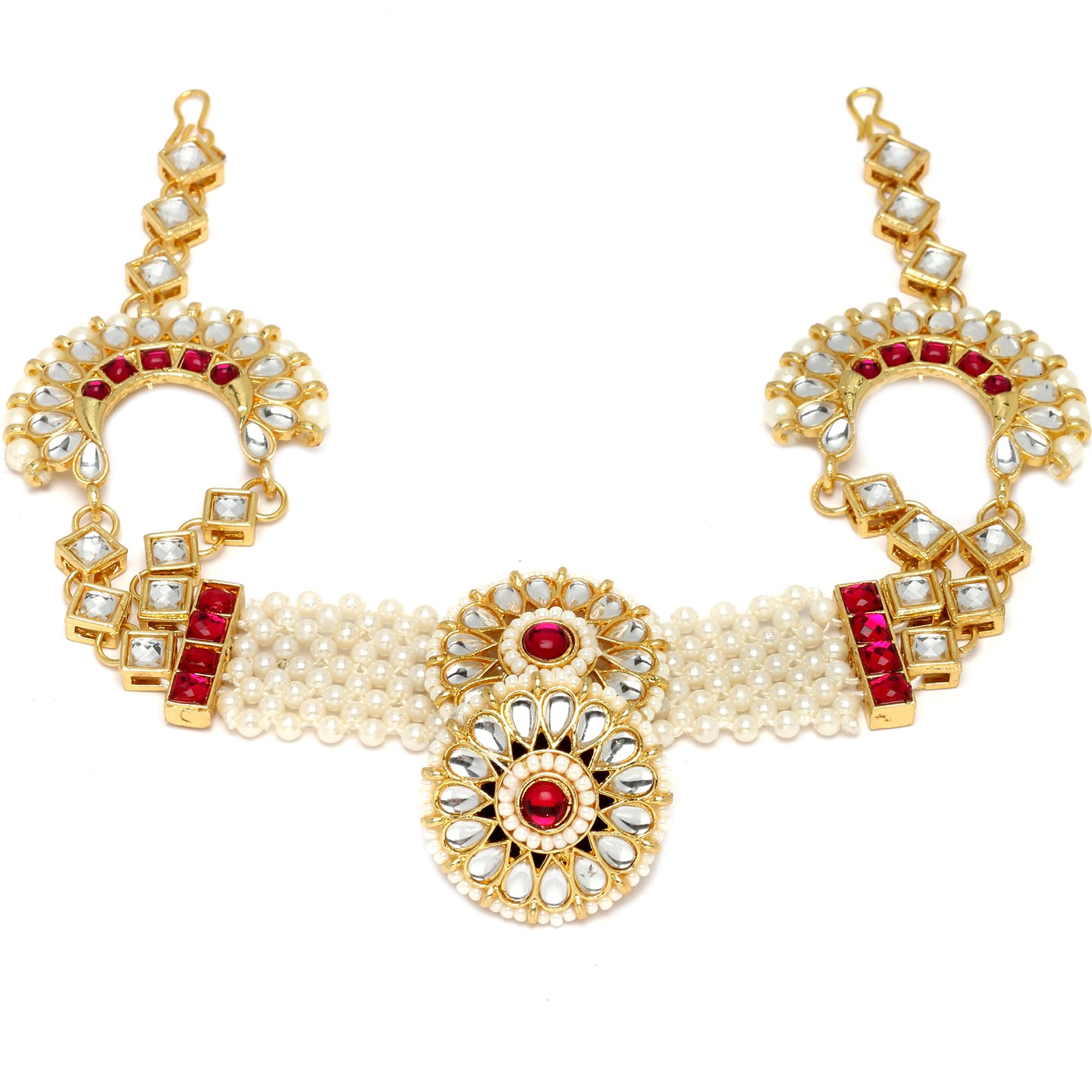 ZENEME Traditional Gold-Plated Multi-Colour Artificial Stones and Beads studded-beaded Borla Style Matha Patti For Women & Girls