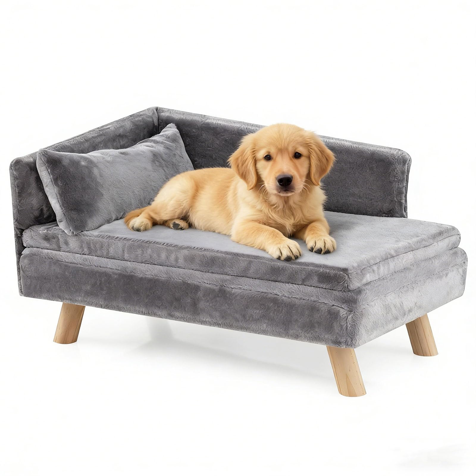 GYMAX Hundesofa erhöht, Katzensofa mit Rückenlehne, Kiefernholzbeinen & abnehmbaren Kissen, Haustiersofa für mittlere Hunde unter 50 kg, Hundebett, Hundecouch, 81 x 51 x 47 cm (Grau)