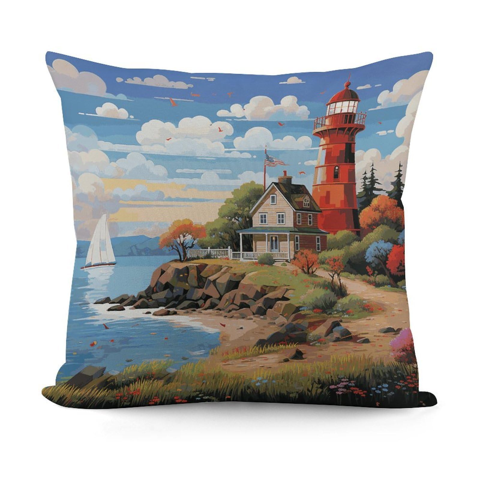 VstaDank Coastal Lighthouse Pillow Covers Soft Plush Decorative Square Pillow Cover Modern Breathable Pillowcases Pillowcase with Invisible Zipper 18x18 Inches for Sofa Living Room