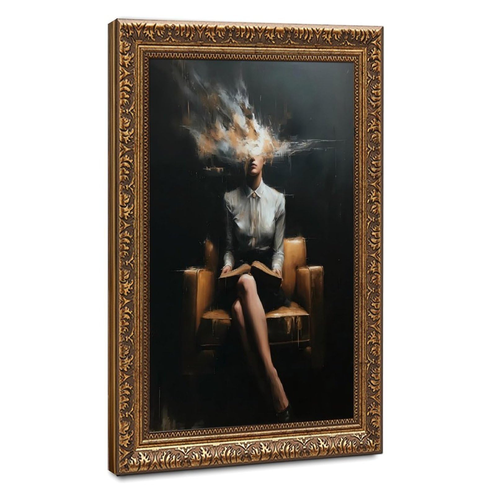 Bareronor Off-White Surreal Woman Reading Canvas Poster Bedroom Decor Landscape Office Room Decor Gift 24" L X 36" W