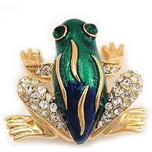 Funky Green/Blue Enamel Diamante Frog Brooch In Gold Plated Metal - 2.5cm Length