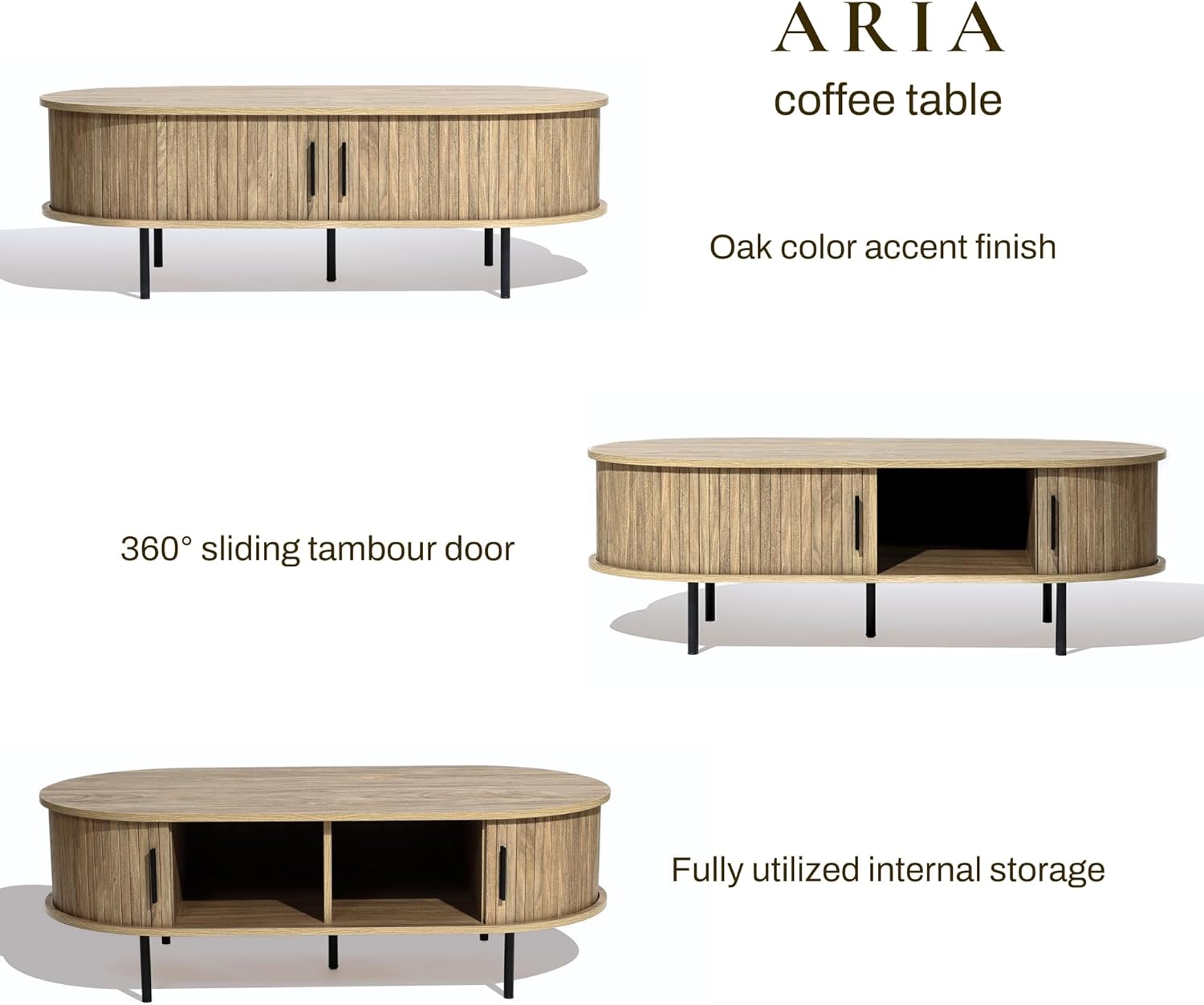 LuxenHome Oval Coffee Table with Storage, 47" Mid Century Modern Fluted Coffee Tables for Living Room, Wooden Sliding Door Boho Storage Center Table for Home, Office