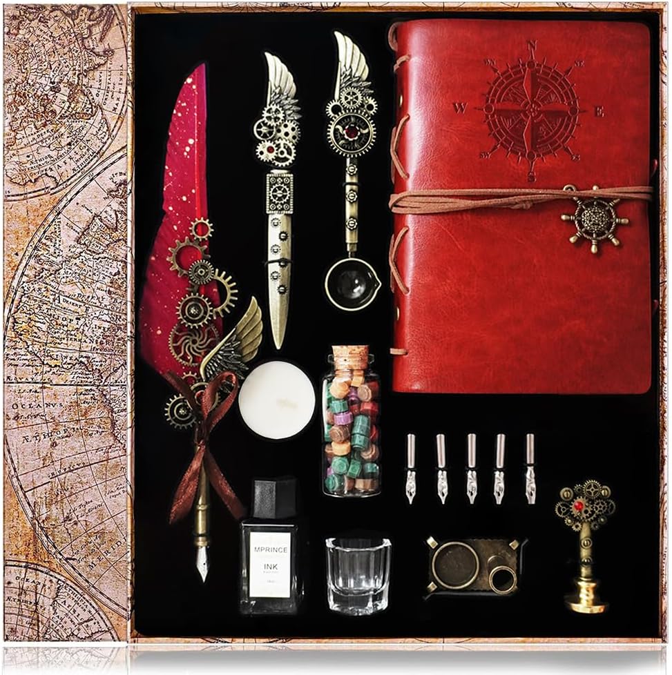 Vintage Steampunk Calligraphy Set with Leather Journal, Feather Dip Pens, Wax Seal Kit, Letter Opener, Writing Accessories (Red)