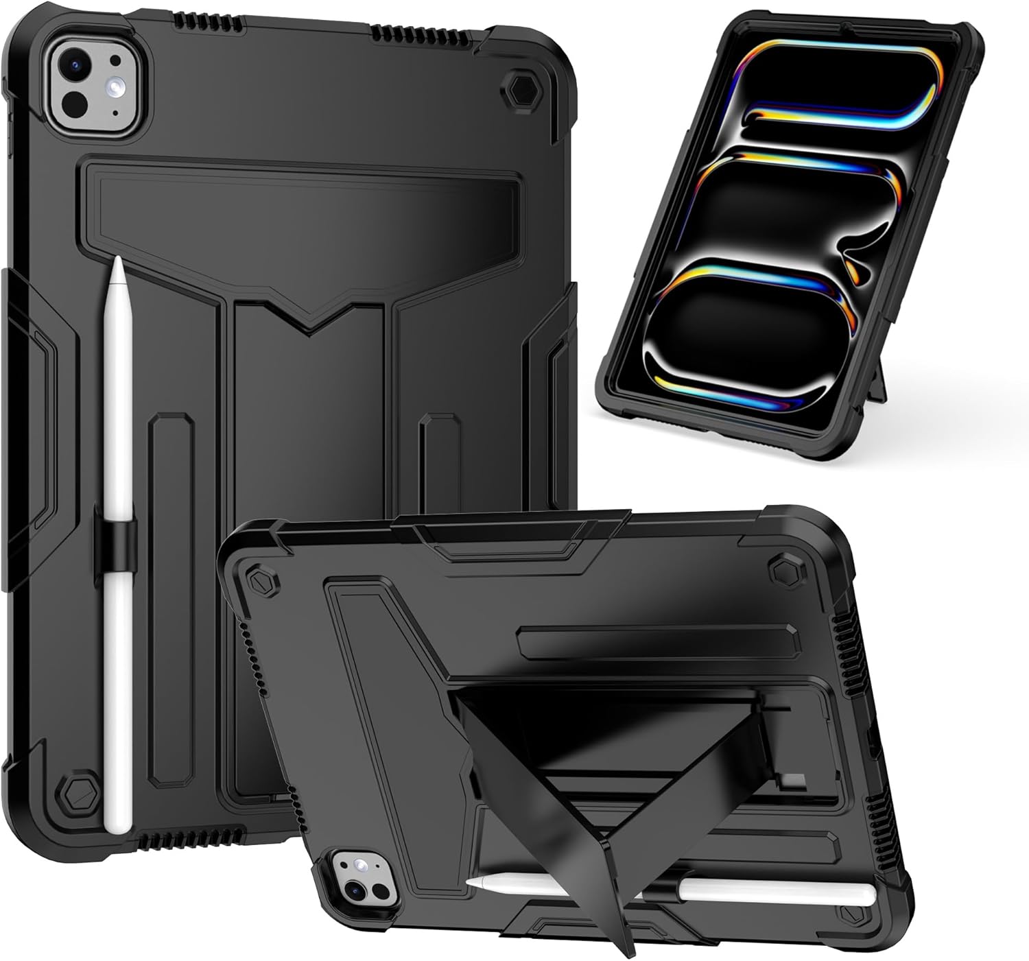 Tablet PC Bags Cases Sleeves Case Compatible with iPad Pro 11 2024,with Kickstand Three-Layer Hybrid Full Body Case Rugged Shock-Proof Fall Protection Cover(BLACK+BLACK)