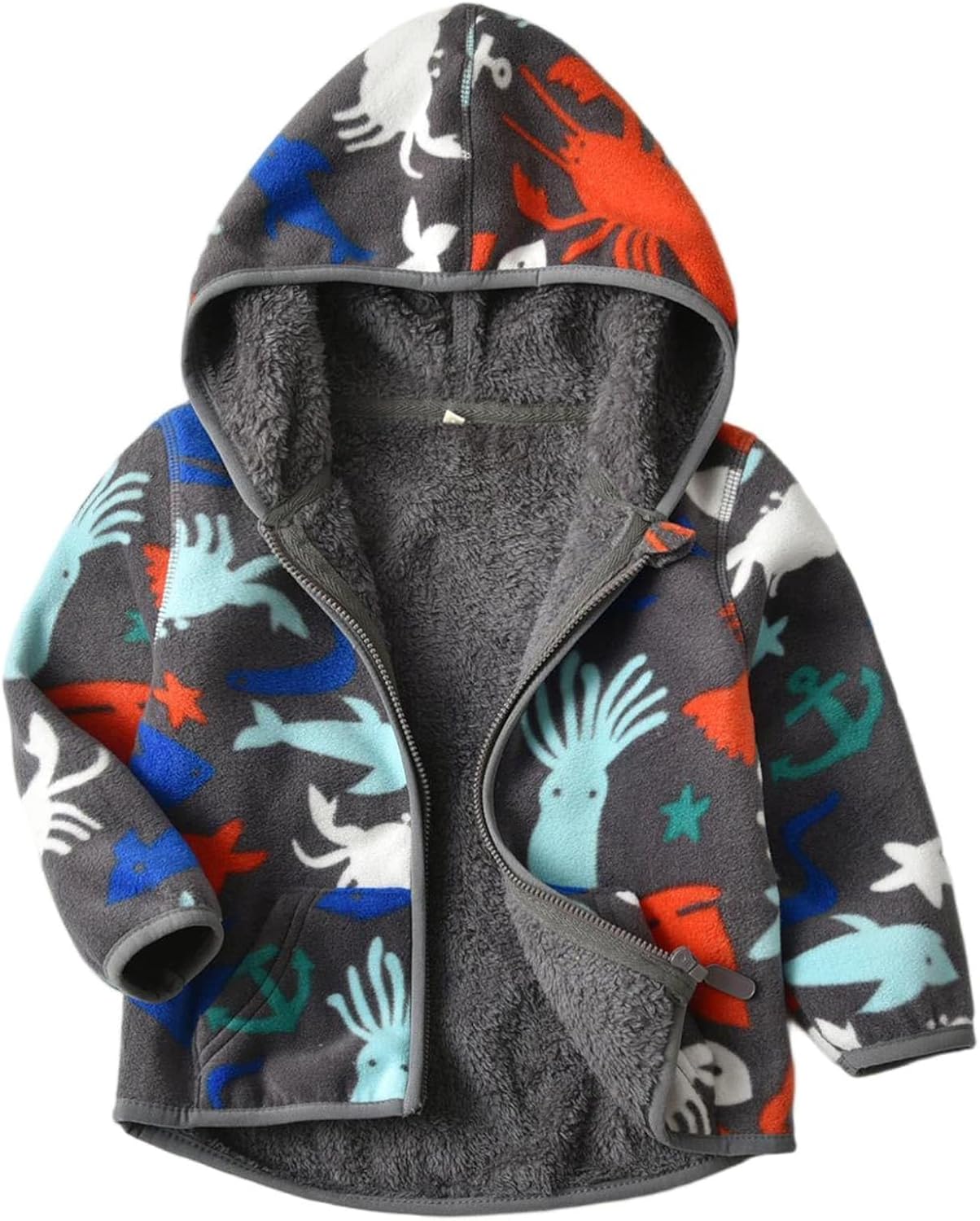 PINU Fashion Cool Print Fleece Hooded Jacket for Toddlers Kids Unisex Winter Autumn Spring Warm Cartoon Outerwear