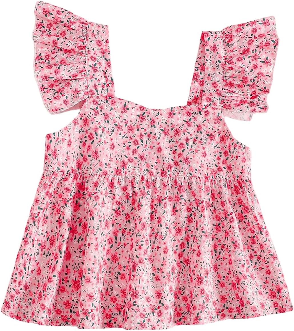 Girl's Floral Ruffle Blouses Shirts Cap Sleeve V Neck Babydoll Peplum Tops Cute Summer Clothes