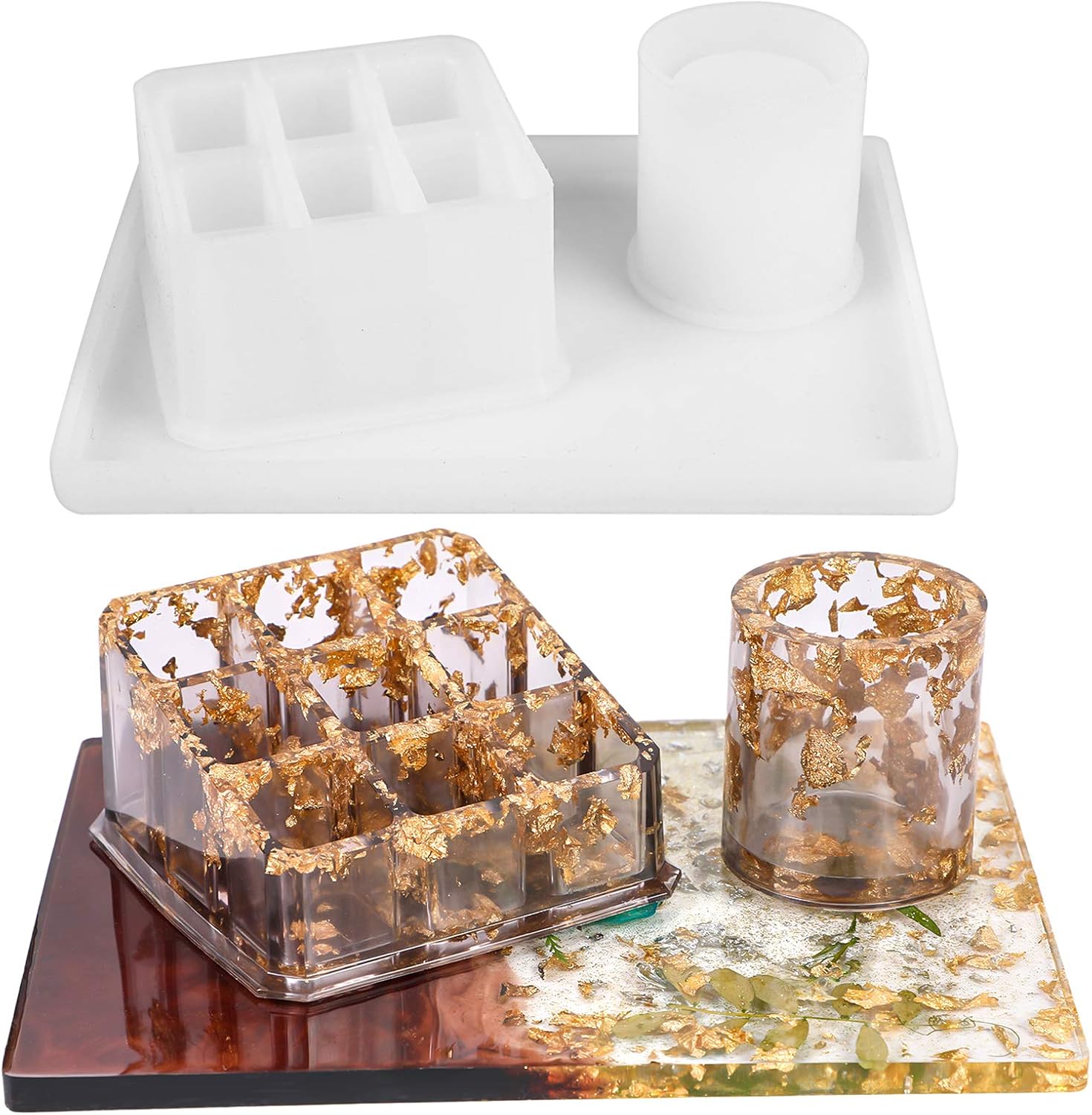 DoreenBow Resin Casting Molds,Pen Holder Makeup Lipstick Storage Box Silicone Molds with 9-Slot Molds,Cylinder,Tray for DIY Crafts Making Resin Molds for Epoxy Crafts DIY