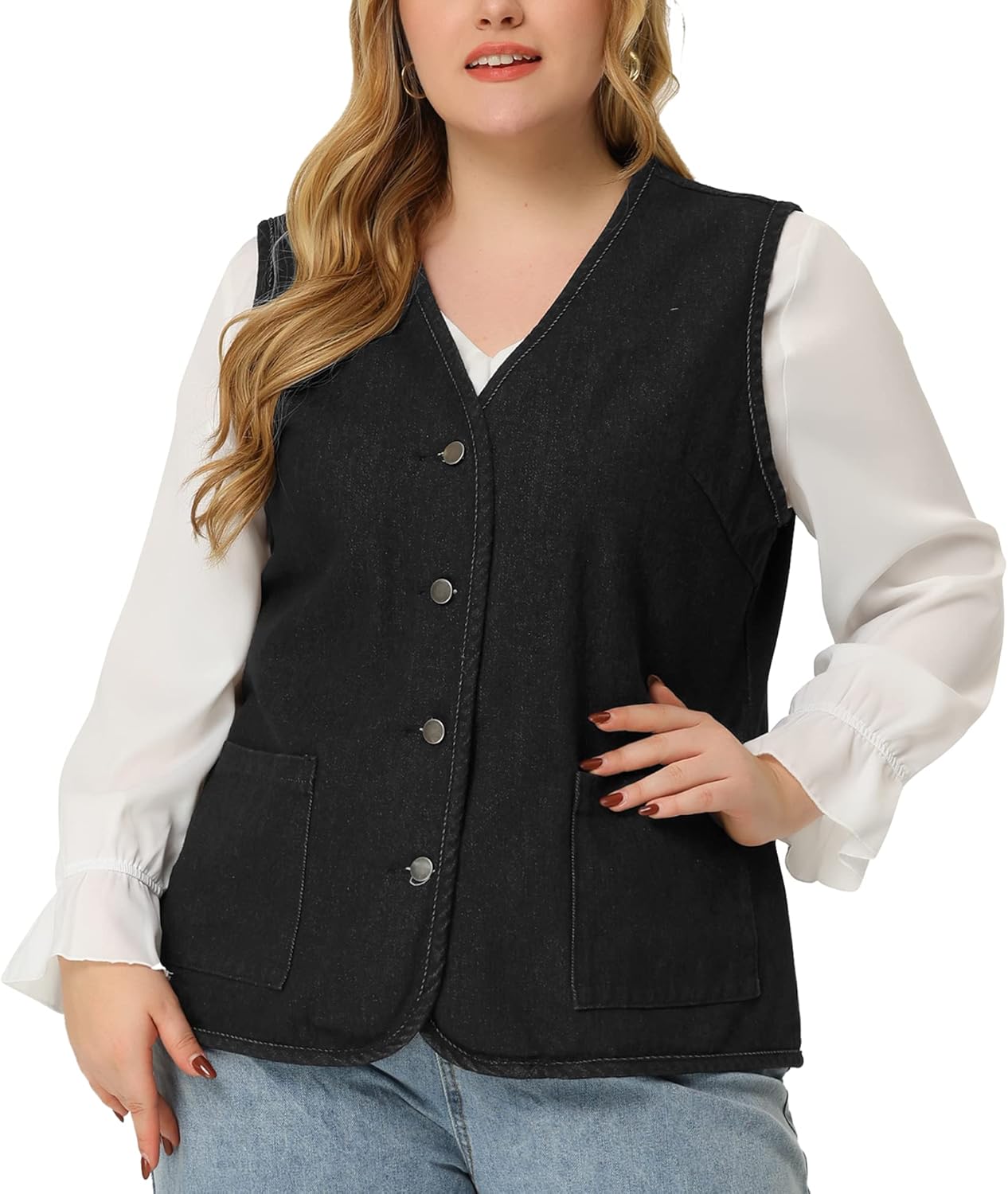 Agnes Orinda Plus Size Denim Vest Top for Women Button Down V Neck - Main Image