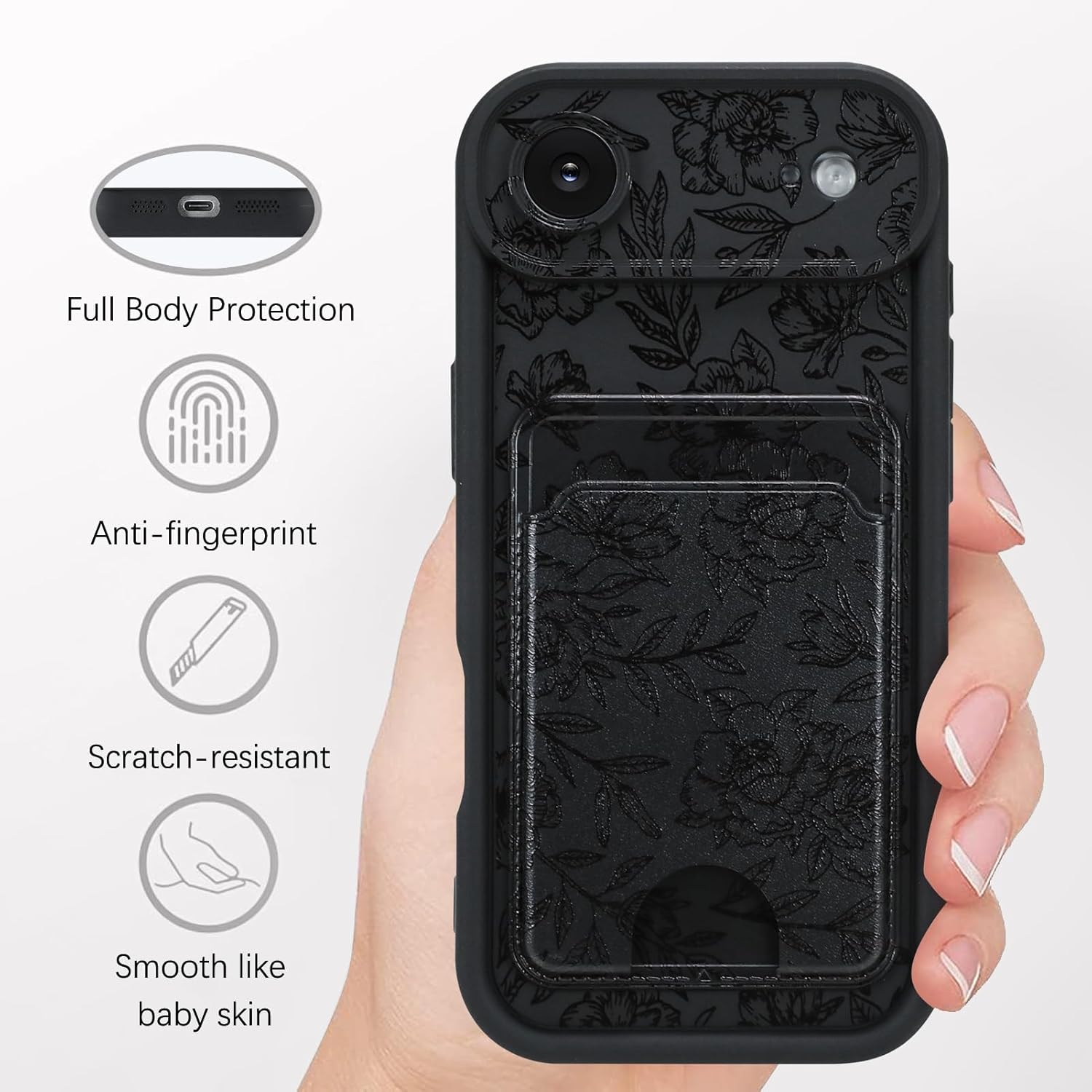 MZELQ Compatible with iPhone Air Case 2025 Silicone Card Holder, Cute Pattern Rose Flower Floral Cover for Girls Women -Black - Image 4