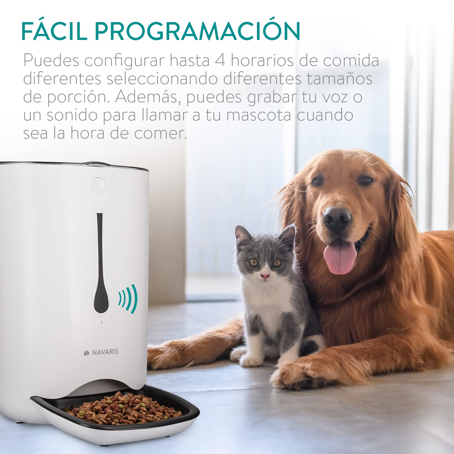 Navaris Dispensador de Comida automático con Temporizador - Comedero automático de 6L para 4 porciones de Comida diarias - para Perros y Gatos