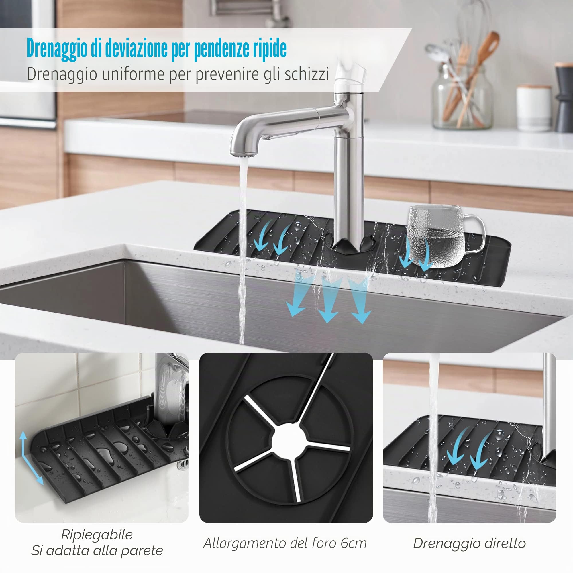 2 Pz Tappetino per Rubinetto in Silicone, Paraspruzzi per Lavello da Cucina, zrubinetto da cucina e bagno, per asciugare controsoffitti per proteggere utensili da cucina e accessori(Nero/grigio)